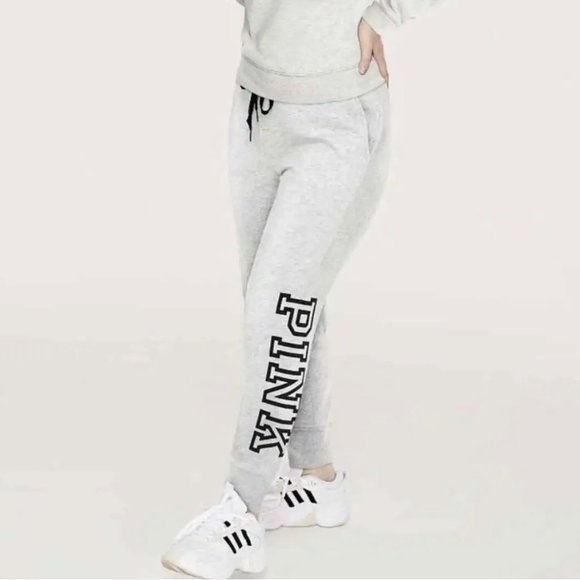 PINK Victoria's Secret Pants - Victoria's Secret PINK Women's Fleece Drawstring Logo Joggers Heather Gray XL